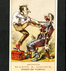 1800's Dentist Pulling Tooth Comic Drug Store Strykersville NY Trade Card j.US