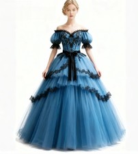Blue Gothic Evening Dresses With Black Lace Off Shoulders Tulle Costume Medieval