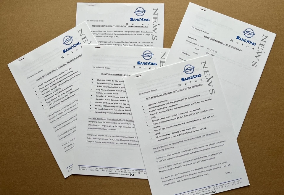 SsangYong Korando Launch Press Pack + Brochure - 1997 - 2.9D, 2.3 Twin-Cam - Image 3 of 4