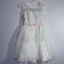 Jona Michelle Girls Ivory Lace Tulle Party Dress Pink Bow Formal Size 5
