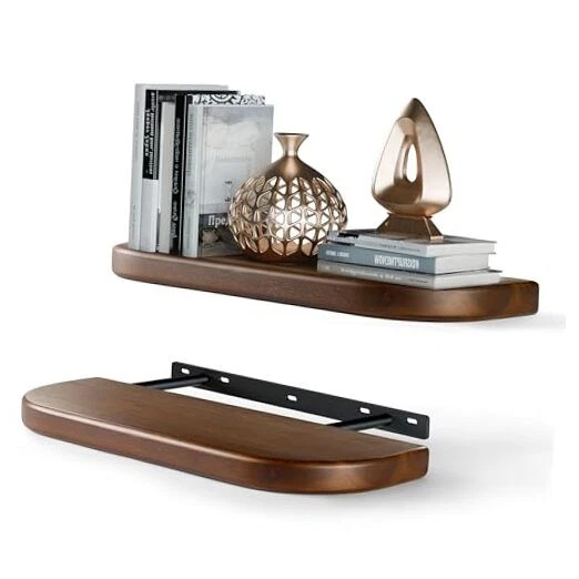Set of 2 17" Acacia Wood Floating Shelves Wall Mounted (Round 17 inches Walnut