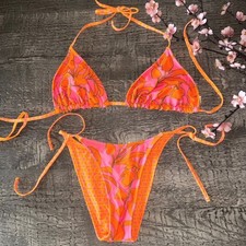 Orange Floral Reversible Triangle Bikini Set Side Tie High Leg L Top M Bottom