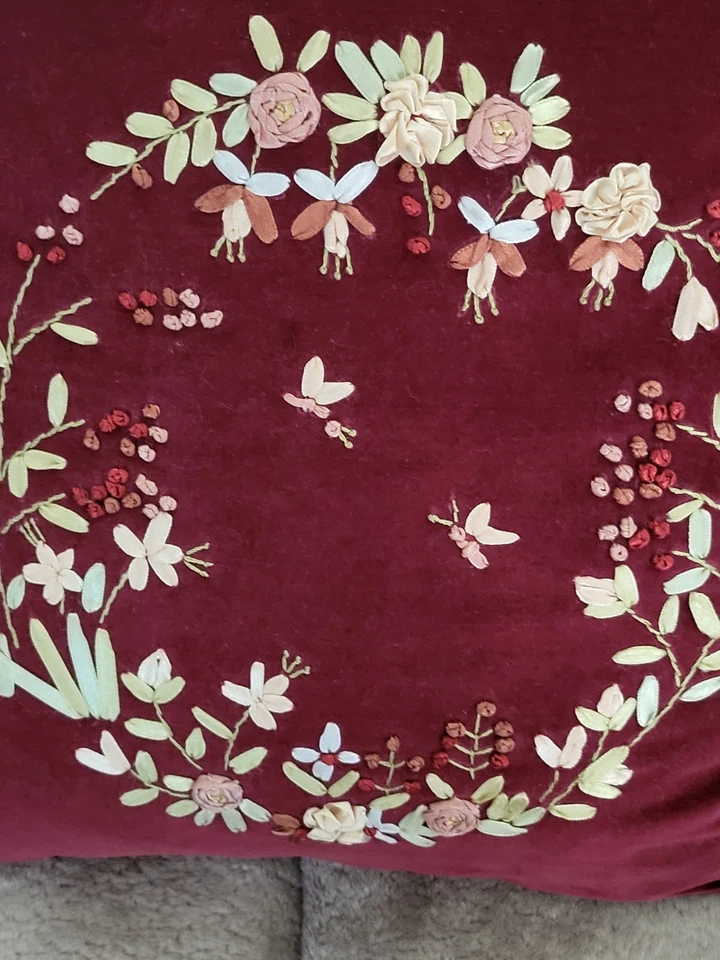 Velvet Pillow  Vtg No Tassels Embroidered Floral Wreath Burgundy Duck Feather - Image 2 of 4
