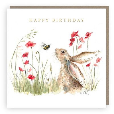 Happy Birthday Karte Hase Biene Wildblumen Natur Aquarell süßes Design