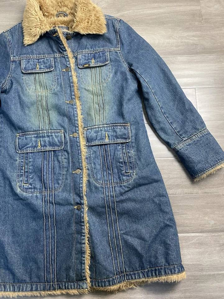 Abrigo largo peludo Y2k LEE Sherpa forrado de mezclilla rancho forrado de piel afgana para mujer talla L” Foto 3 de 4