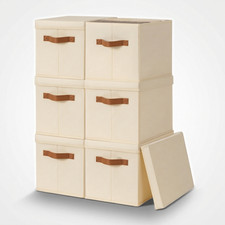 6 Pack Storage Bins with Lids Foldable Stackable Organizer Baskets Beige
