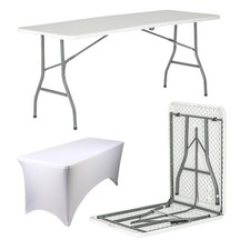 Image of Folding Camping Picnic Table with Fitted Tablecloth 180cm (6ft) BBQ Party Event