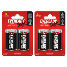4 Pack Eveready Super Heavy Duty D Zinc Batteries for Emergency Lighting