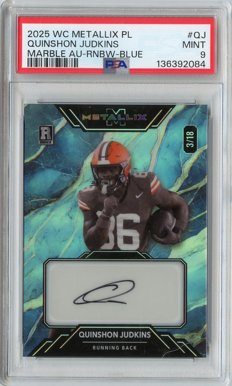 Quinshon Judkins Wild Card Metallix Pro-Look Hobby Marble Autographs #QJ Rainbow Foil-Blue