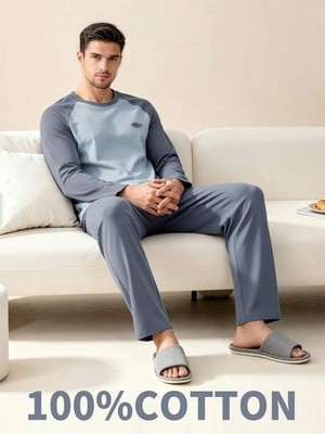 Men's 100% cotton long sleeved four season plus size men's sleepwear, teenage pu
