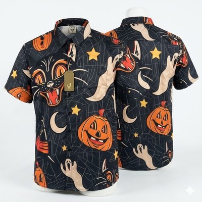 Hardaddy Halloween Button Down Hawaiian Shirt (Mens, XL) Retro Scary Black Cat