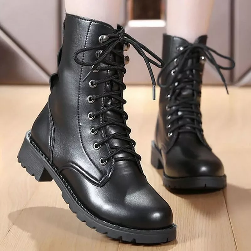 Botines De Cuero Negros De Mujer Zapatos Altos Moda Moto Botas Cómodos  Invierno