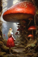 ALICE AND GIANT MUSHROOMS ART PRINT, Cottagecore Wall Decor, Fairytale Poster