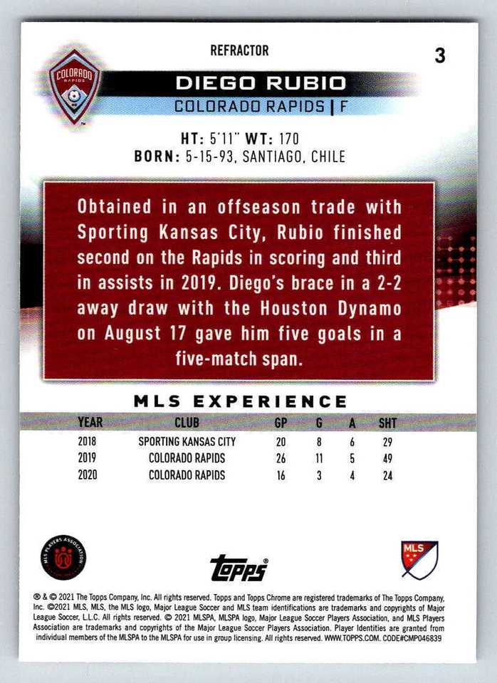 2021 Topps Chrome MLS Refractors #3 Diego Rubio (ref Y01003) - Image 2 of 2
