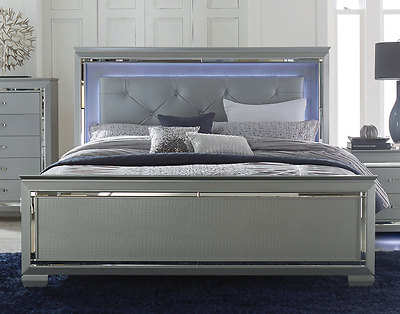 GLITZY GRAY SILVER MIRRORED LED LIGHTS KING BED BEDROOM FURNITURE