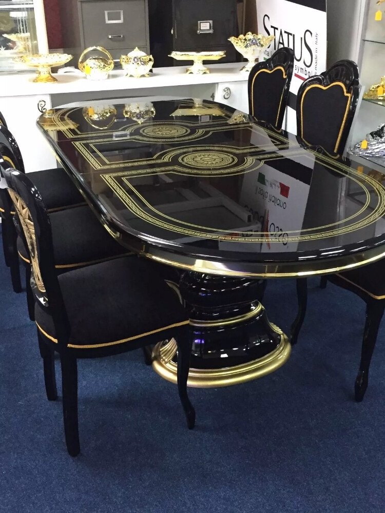 VENUS ITALIAN HIGH GLOSS DINING EXTENDING TABLE & 6 MEDUSA HEAD FABRIC