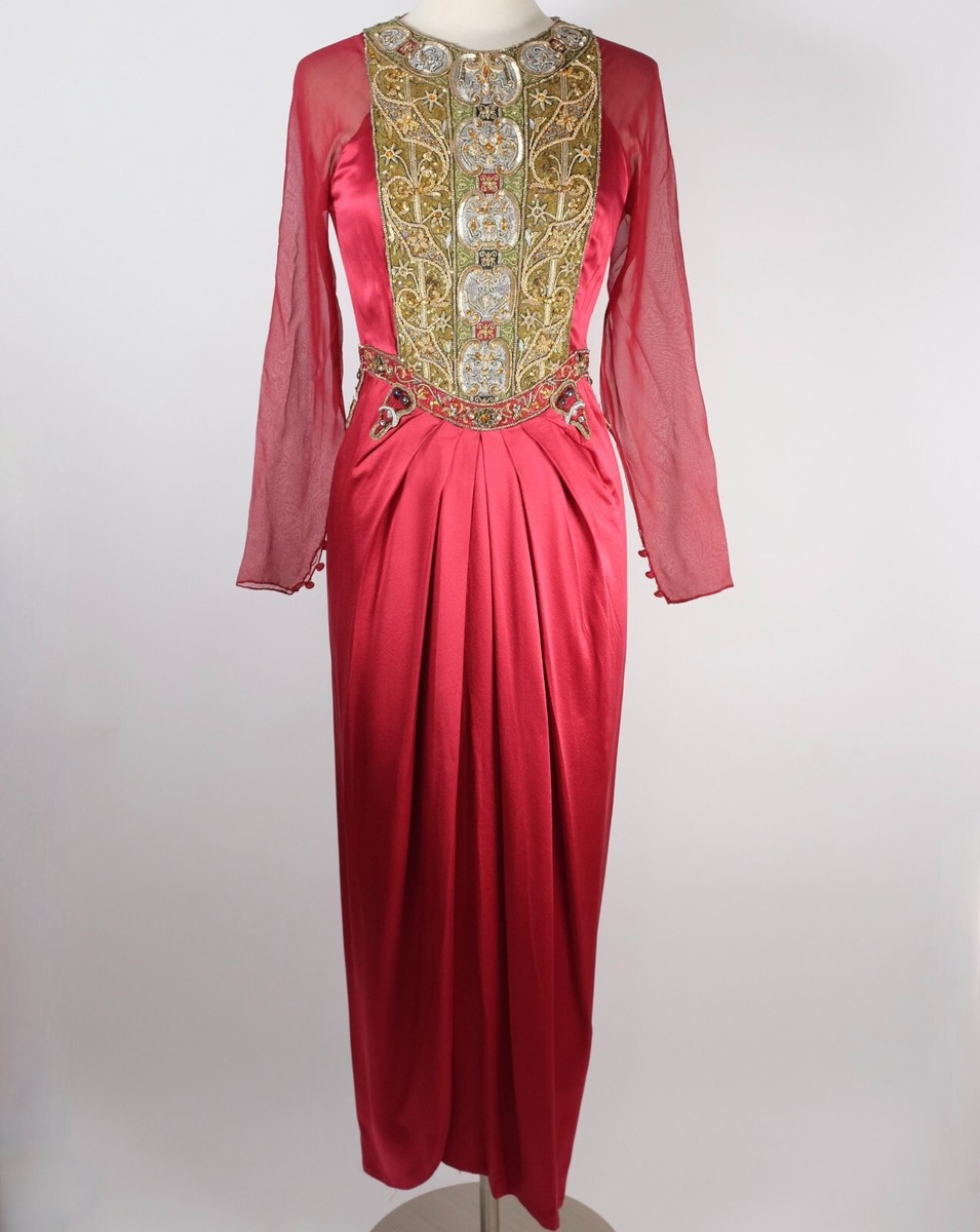 bill blass red dress Vintage Bill Blass couture sz 10 dress gown red gold embroidery embellished