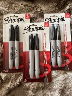 Sharpie Super Permanent Markers, Fine Point, Black, 3x 2-Pack. #2107611  6 Total