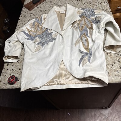 VTG 80s Judith Anne Neiman Marcus White Jacket Leather Embellished Read So Large