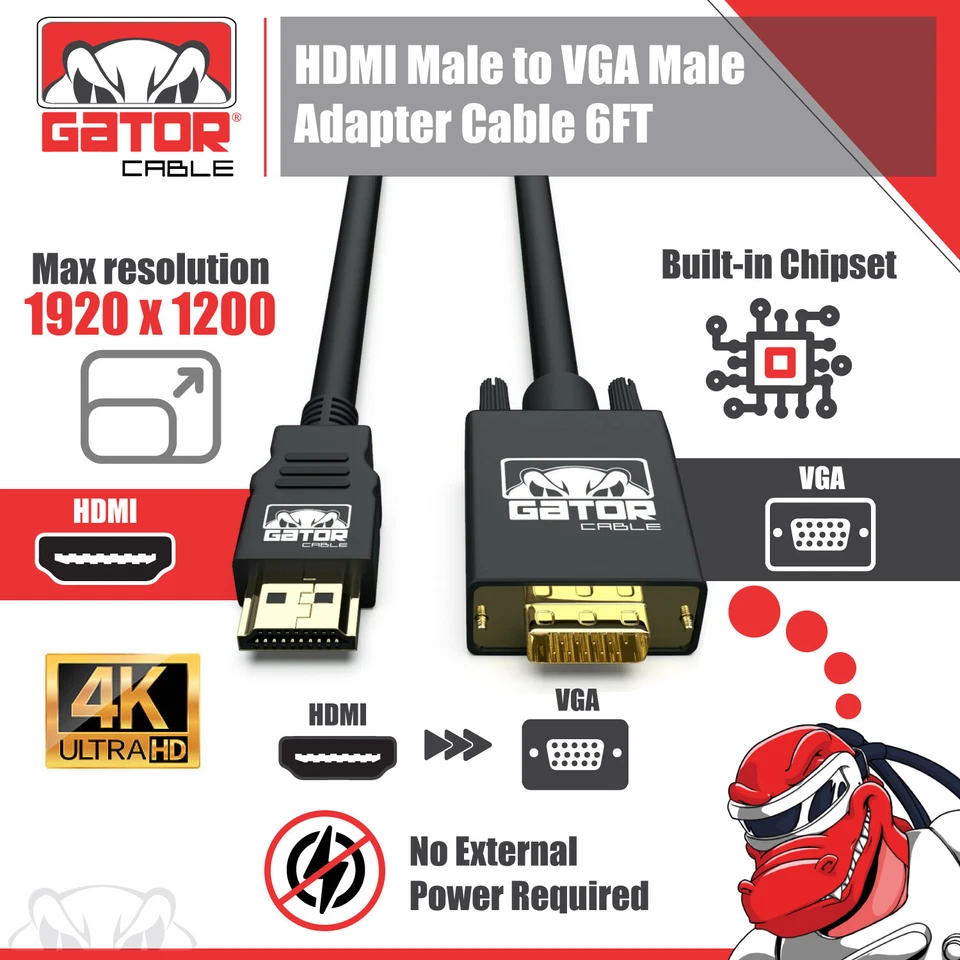 HDMI to VGA Cable Converter Adapter For HDTV PC Desktop Monitor Video 1080P 6FT - Image 2 of 4