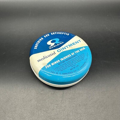 Vintage Tin Can Rawleigh Medicated Ointment Blue Bathroom Decor 1970s Empty
