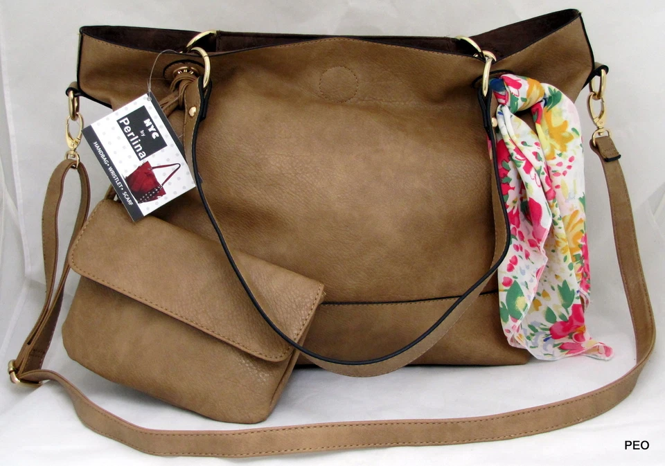 PERLINA Nueva York Bronceado Bandolera Cartera Bolso de Mano Bufanda y Muñequera Nuevo Foto 2 de 4