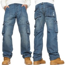 Kruze Mens Cargo Jeans Combat Work Trousers Denim Straight Leg Pants All Sizes