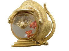 JJ Jonette Cat Brooch Lucite Jelly Belly Fish Bowl Gold Fish Textured Signed