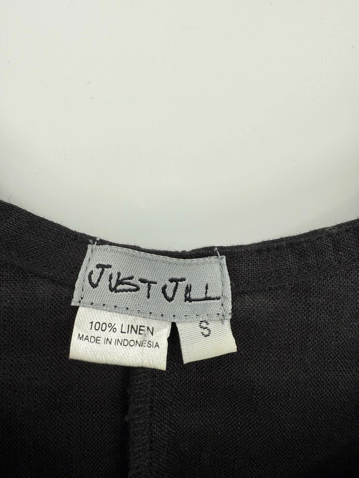 Just Jill 连衣裙女式小号黑色 100% 亚麻极简主义假期学院风荷叶边 — 第 3/4 张图片