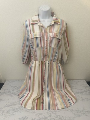 Bebop 3/4 Sleeve Button Down Dress Elastic Waist Size L Boho Striped Collar K