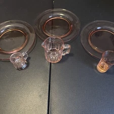 6 Piece Vintage Pink Depression Glass 3 Plates 1 Shot Glass 2 Beer Mugs