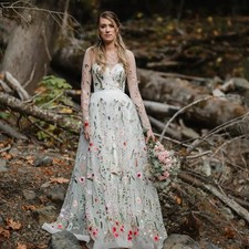 Lace Wedding Dress Embroidery Floral ALine Long BridalGown Long Sleeves Backless