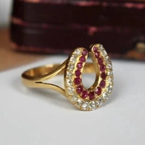 Lab Created Red Ruby 2Ct Round Cut Horse Shoe Fancy Ring 14K Yellow Gold Plated - Image 4 of 4