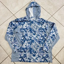 Huk Hoodie Mens Large Blue Gray Camo Performance Fishing Mesh Long Sleeve Shirt