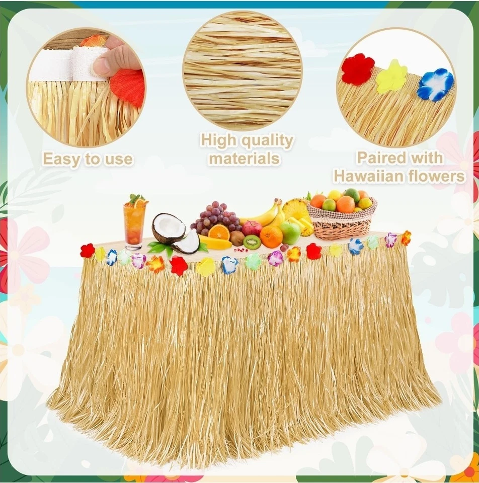 16 Pack Luau Party Decorations, Hawaiian Grass Table Skirt, Flower 108 X 29.5" - Image 4 of 4