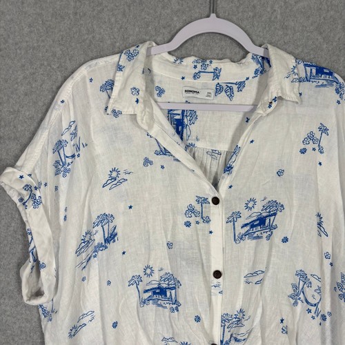 Sonoma Shirt XXL White Blue Linen Button Tie Vacation Coastal Resort Boxy Flowy - Picture 2 of 9