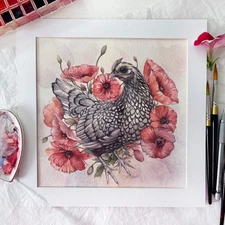 Original Watercolor Chicken in Poppy Flowers 10x10 Painting Unique Artwork