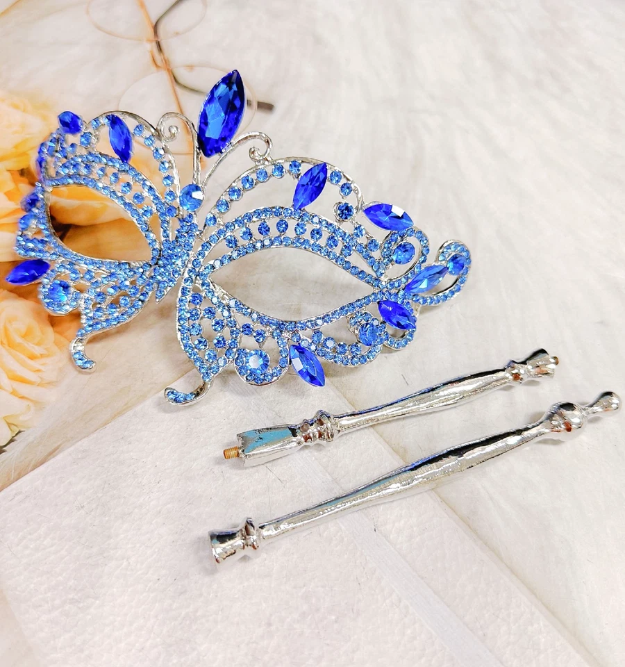 Blue Masquerade Mask, Met Gala Stick Mask, Silver Masquerade Mask, Prom Mask - Image 4 of 4