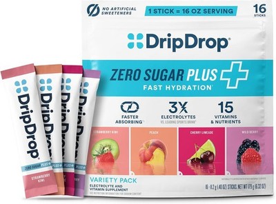 DripDrop Zero Sugar Electrolyte Powder Drink Mix Variety Pack - 16 Single Sticks