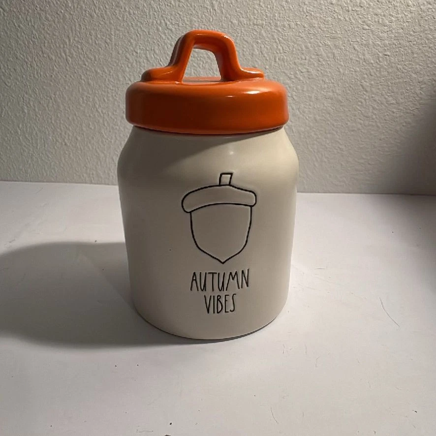 Rae Dunn Autumn Vibes Ceramic Canister w/ Orange Lid - Very Good