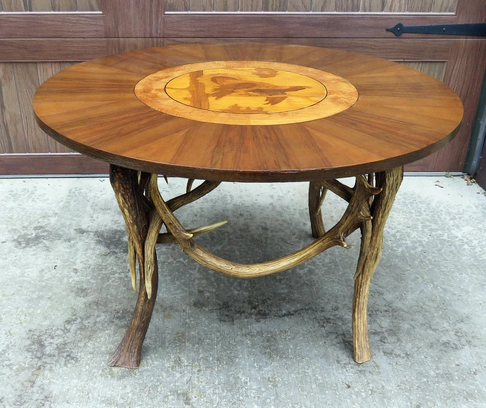 Antique Black Forest Rustic Adirondack Antler Table Inlaid Top - Image 3 of 4