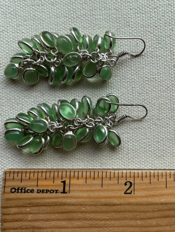 Cluster Steampunk Boho Dangle Earrings Cabochon Resin Light Green Sterling 2.25" - Image 3 of 4