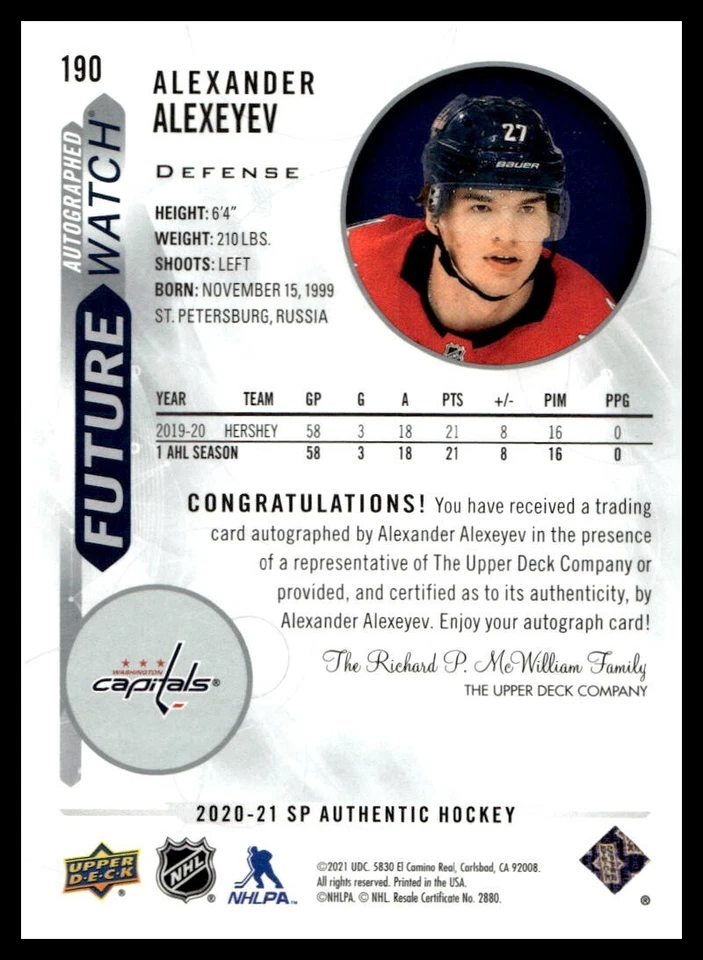 2020-21 UD SP Authentic Future Watch Rookie Auto /999 #190 Alexander Alexeyev - Image 2 of 2