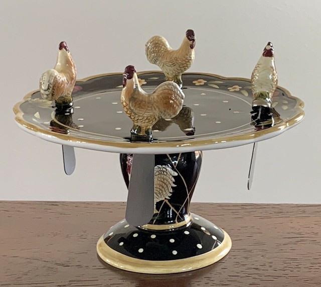 RoosterThemed 8" Pedestal Cheese Plate / Knife Holder & Set Of 4