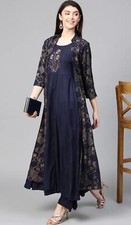 Kurta Jacket Set: Ethnic Navy Blue Embroidered Kurta with Palazzo and Jacket