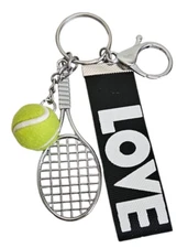Tennis Ball Racket Keychain Black Key Ring Love Tennis Charm w/Clip Silver Tone