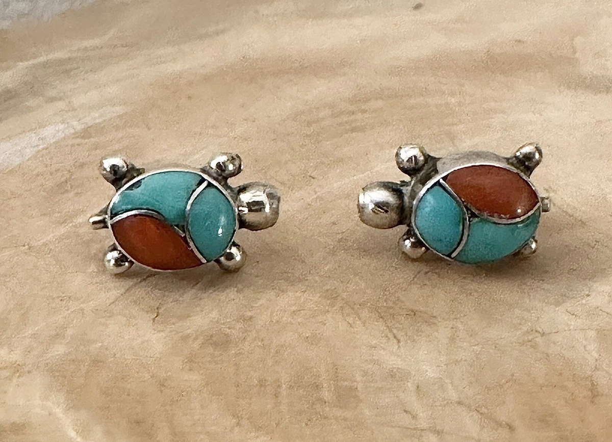 Vintage Southwest Turtle Turquoise Coral Inlay 925 Silver Stud