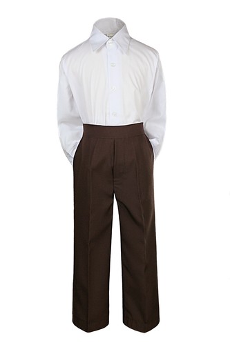 2pc Boy Baby Toddler Kid Formal White Brown Lt Gray Navy Black Khaki Pants Set - Picture 4 of 8