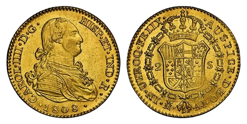 SPAIN. Charles IV 1808-(Crowned-M) AI AV 2 Escudos. NGC MS64 Madrid. Calico 353