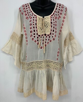Amita Naithani Tunic Top Medium White Boho Tie Tassel Crochet Peplum Women New